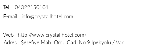 Crystall Hotel telefon numaralar, faks, e-mail, posta adresi ve iletiim bilgileri